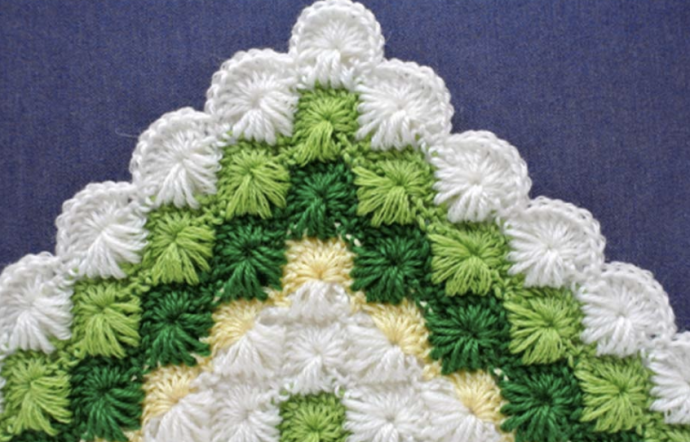 Crochet long puff stitch pattern for a triangle shawl